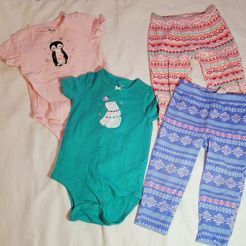 Carter's Pink and Teal Bodysuits with Patterned Leggings Set